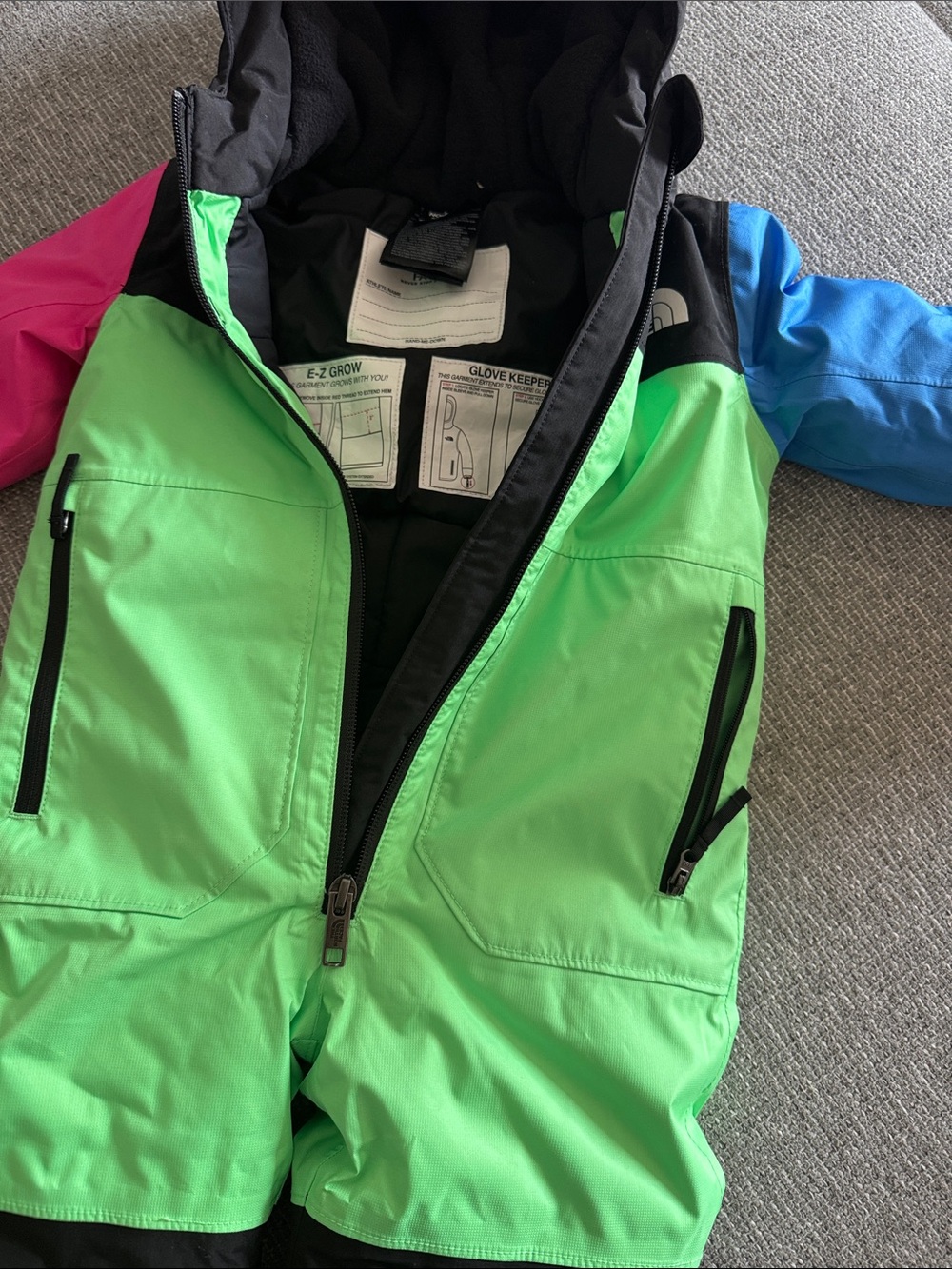 The North Face Kids One-Piece Colorblock Snow Suit - Green, Pink & Blue - Picture 3 of 4